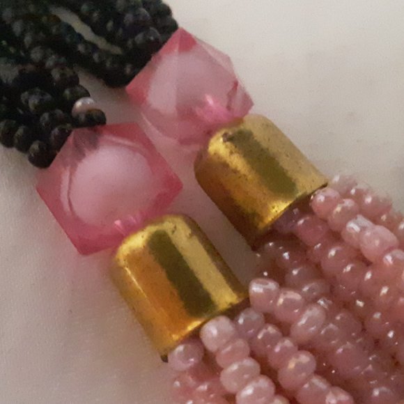 Seed Bead Pink Black Multiple Strand Necklace - Picture 6 of 9